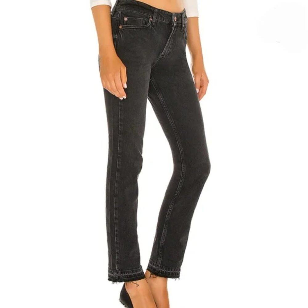 Free People Slim Boyfriend Jeans Women's Cuffed Released Frayed Hem Black Sz. 24 - Picture 2 of 11